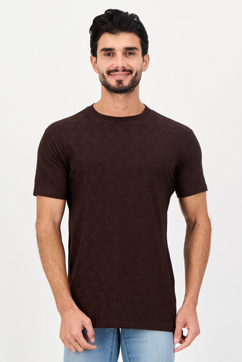 Threadbare Men Crew Neck Short Sleeve Textured T-Shirt, Brown - Image 1
